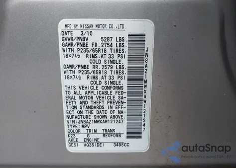 2010 Nissan Murano S из США, поврежденный, VIN JN8AZ1MWXAW121247